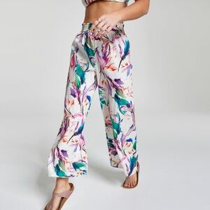 Calia Linen Blend Wide Leg Cover Up Pants Abstract Floral Print Size Large